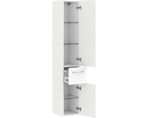 Hochschrank mit Glasböden und Schublade geöffnet