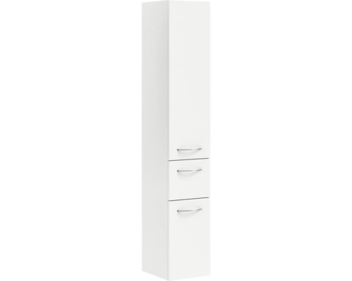 Weisser Badezimmer Hochschrank mit zwei Schubladen und silberfarbenen Griffen