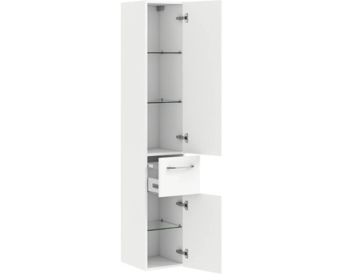 Weisser Bad-Hochschrank mit Schublade und Glasböden