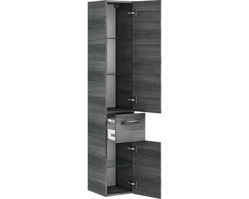 Armoire haute avec portes, tiroir et étagères en verre