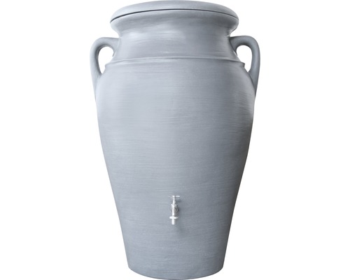 Graue Amphore als Regentonne mit Deckel und Wasserhahn