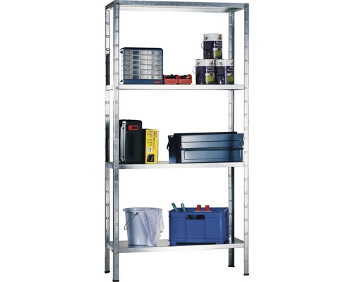 Schulte Étagère de base à emboîter zinguée 1500 x 800 x 300 mm 4 tablettes, cornières séparées, capacité de charge 240 kg