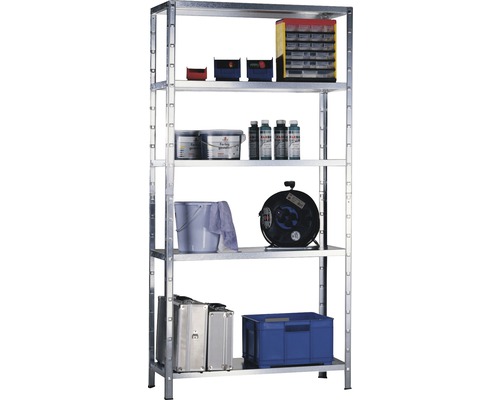 Étagère à cinq niveaux avec divers ustensiles d''atelier