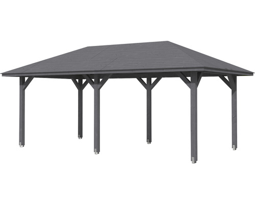 Pavillon indépendant avec toit en bois et poteaux en bois.