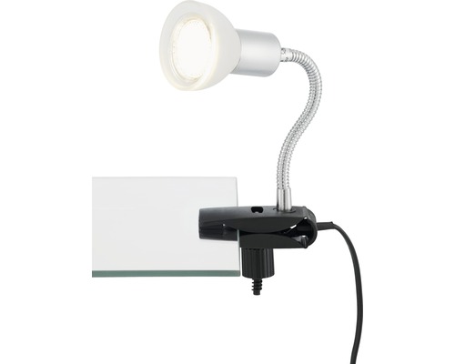 Klemmleuchte mit silberfarbenem, flexiblem Arm und weissem Lampenkopf