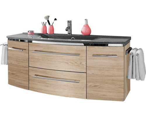 Meuble vasque avec robinet, surface de rangement, tiroirs et serviettes