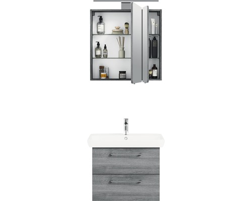 Salle de bains avec armoire de toilette à miroir et meuble sous-vasque