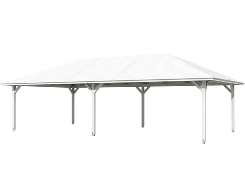 Auvent en bois blanc indépendant avec toit à deux versants.