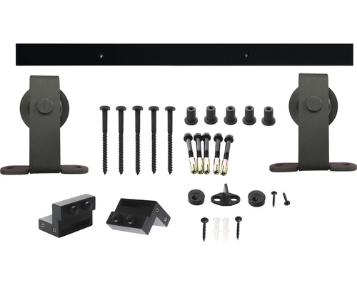 Kit de ferrures pour porte coulissante avec rail de roulement et matériel de fixation
