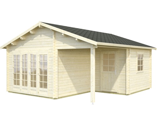 Abri de jardin en bois avec terrasse, fenêtres et porte.