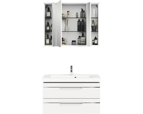 Weisser Waschtischunterschrank mit Waschbecken und Spiegelschrank zur Badeinrichtung