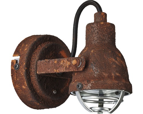 Wandleuchte im Industrial-Design mit Rost-Optik und Kabelschutzgitter