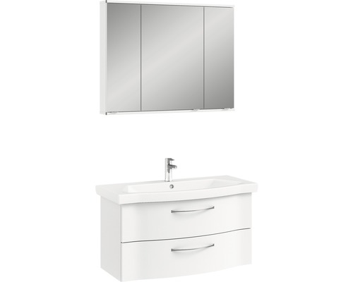 Waschbeckenunterschrank mit zwei Schubladen und Spiegelschrank mit drei Türen