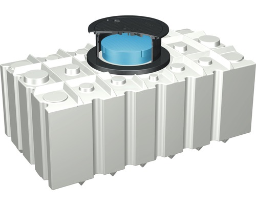 Réservoir d''eau de pluie rectangulaire blanc en plastique avec couvercle noir ouvert.