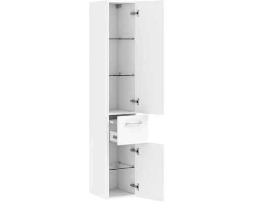Weisser Badhochschrank mit Schublade und Glasböden