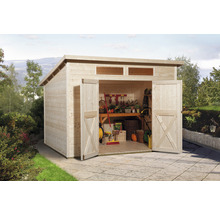 Abri de jardin avec portes doubles ouvertes et toit plat pour ranger les outils de jardin.
