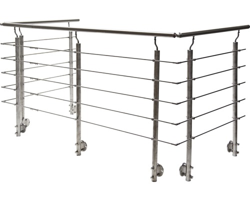 Geländerset Pertura Hestia U-Form Edelstahl mit Rundstäbenfür Seitenmontage B: 12 m Geländer aus Edelstahl mit horizontalen Drahtseilen