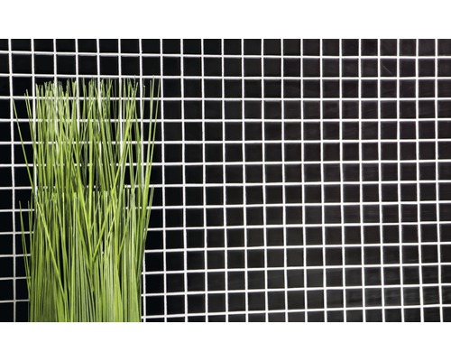 Graminées vertes décoratives devant des carreaux de mosaïque