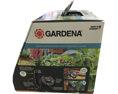 Emballage d''un programmateur d''arrosage Gardena avec technologie Safe Stop