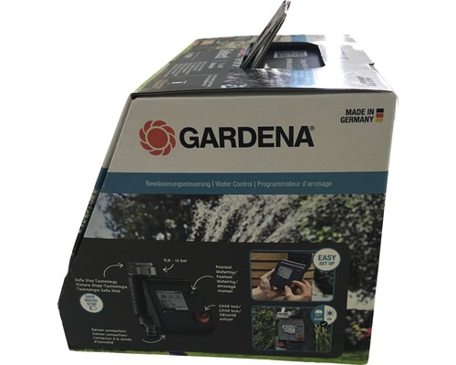Emballage d''un programmateur d''arrosage Gardena avec technologie Safe Stop