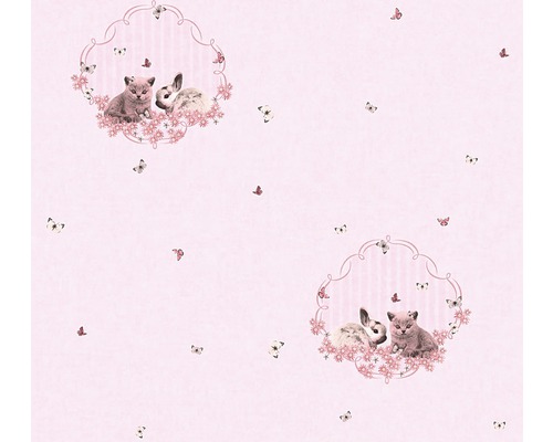 Papier peint intissé Little Stars 35564-1 chat/lapin rose