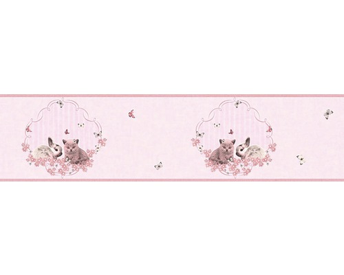 Bordüre 35567-1 Little Stars Katze/Hase rosa Dekorative Bordüre mit Katzen-, Hasen- und Schmetterlingsmotiven für Kinderzimmer.