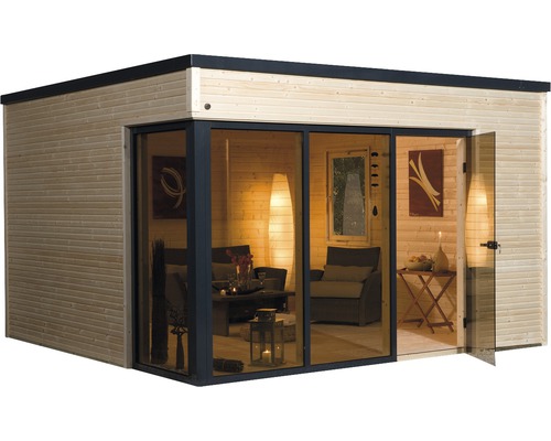 Abri de jardin moderne avec façade en verre et murs en bois