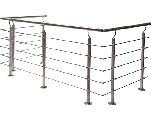 Geländerset Pertura Hestia U-Form Edelstahl mit Rundstäbenfür Bodenmontage B: 20 m Geländer aus Edelstahl mit horizontalen Drahtseilen