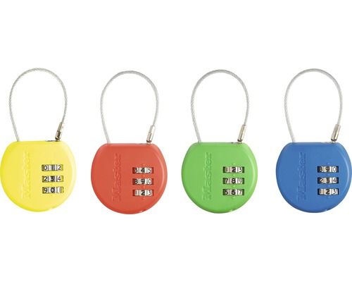 Vier farbige Master Lock Kombinationsschlösser mit Kabel