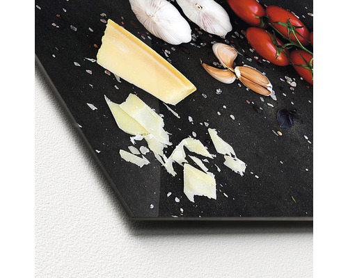 Panneau décoratif en verre avec fromage, ail et tomates