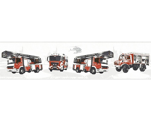 Bordüre 35814-1 Little Stars grau Feuerwehr Illustration verschiedener Feuerwehrautos und eines Hubschraubers vor einer Stadtkulisse