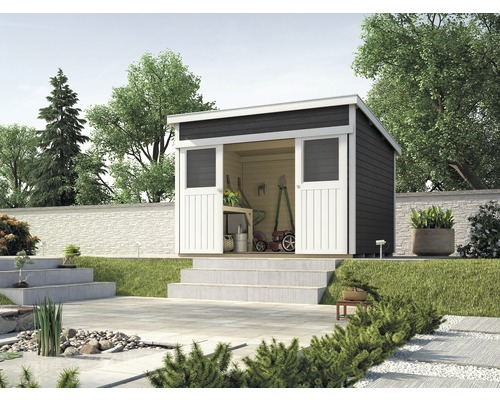Abri en madriers weka Lugano 2 avec plancher 315 x 280 cm anthracite-blanc Scène de jardin avec remise à outils et outils de jardin