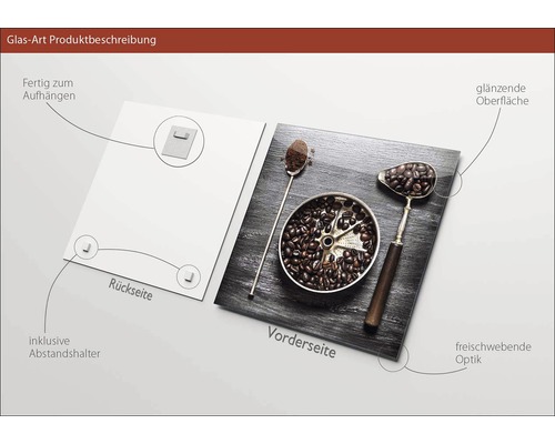 Glasbild mit Kaffeemotiv, inklusive Aufhängung und Abstandshalter.