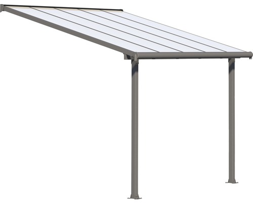 Auvent avec toit transparent et deux poteaux de support.