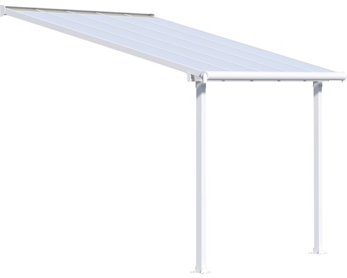 Freistehendes Vordach mit zwei Stützen und transparenter Bedachung.
