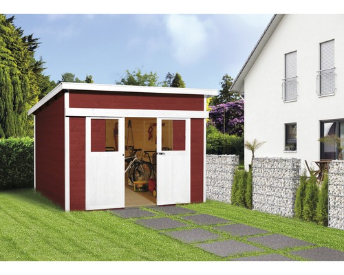 Abri à porte coulissante weka Lugano 1 avec plancher 315 x 249 cm rouge de Falun