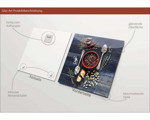 Glasbild mit Gewürzmotiv, inklusive Aufhängung und Abstandshalter