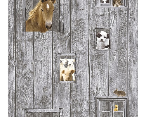 Papier peint intissé 35842-1 Little Stars enfant cheval-bois gris Papier peint avec des animaux de ferme et un motif de planches de bois