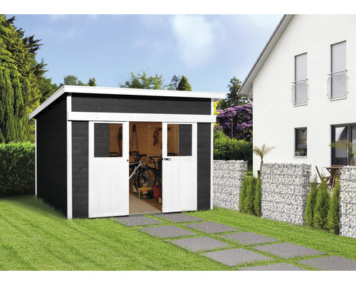 Abri à porte coulissante weka Lugano 1 avec plancher 315 x 249 cm anthracite Abri de jardin moderne avec portes coulissantes et vélo à l''intérieur sur pelouse