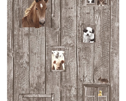 Papier peint intissé 35842-2 Little Stars enfants cheval-bois marron Papier peint avec des motifs d''animaux tels que cheval, chien, chat, cochon, mouton, lapin et canard sur un aspect bois