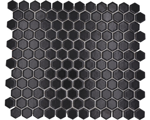 Keramikmosaik Hexagon HX065 uni schwarz matt 26x30 cm Mosaikmatte mit sechseckigen Keramikfliesen