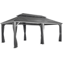 Pavillon avec toit en métal et rideaux