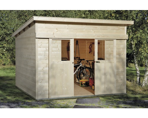 Abri à porte coulissante weka Lugano 3 avec plancher 315 x 335 cm naturel Abri de jardin en bois avec double porte coulissante et toit plat, dans le jardin