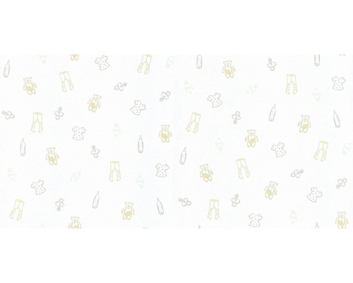 Motif avec des articles pour bébés : ours en peluche, tétine, biberon, robe, collant