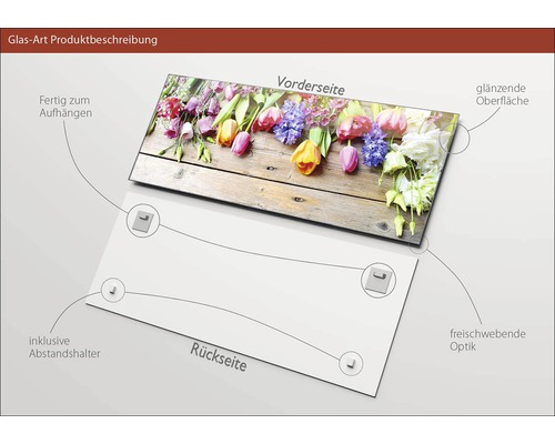 Tableau en verre avec motif floral, incluant suspension et entretoises