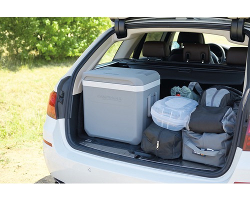 Kühlbox und Gepäck im Kofferraum eines Autos für den Transport