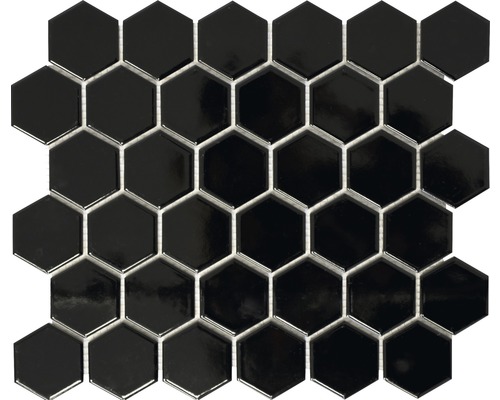Keramikmosaik Hexagon uni schwarz glänzend 32,5x28,1 cm