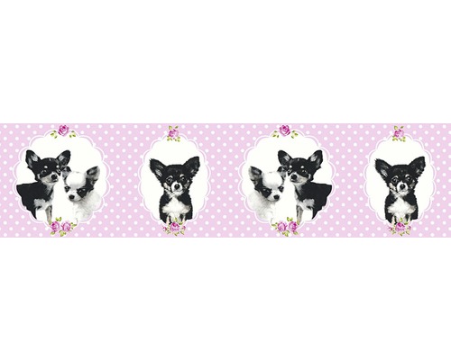 Bordüre 35850-2 Little Stars rosa Chiwawa Dekorative Bordüre mit Chihuahua-Motiven und Punktmuster