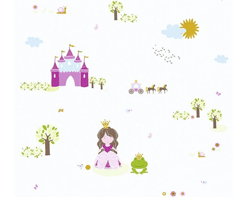 Papier peint intissé 35852-2 Little Stars princesse vert-blanc Papier peint avec motif de princesse, incluant un château, une grenouille et une calèche
