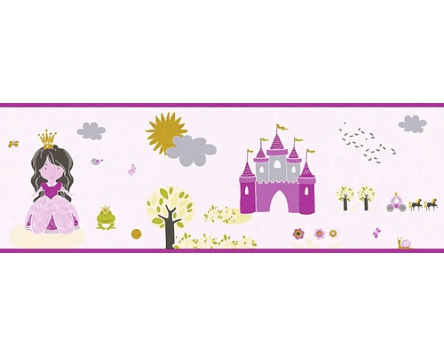 Bordüre 35853-1 Little Stars Prinzessin rosa Bordüre mit Prinzessinnen, Schloss und Märchenmotiven für Kinderzimmer